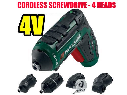 lidl cordless screwdriver parkside with interchangeable heads PAS 4v 200 rpm 1,5 Ah 4 Nm accessories video manual